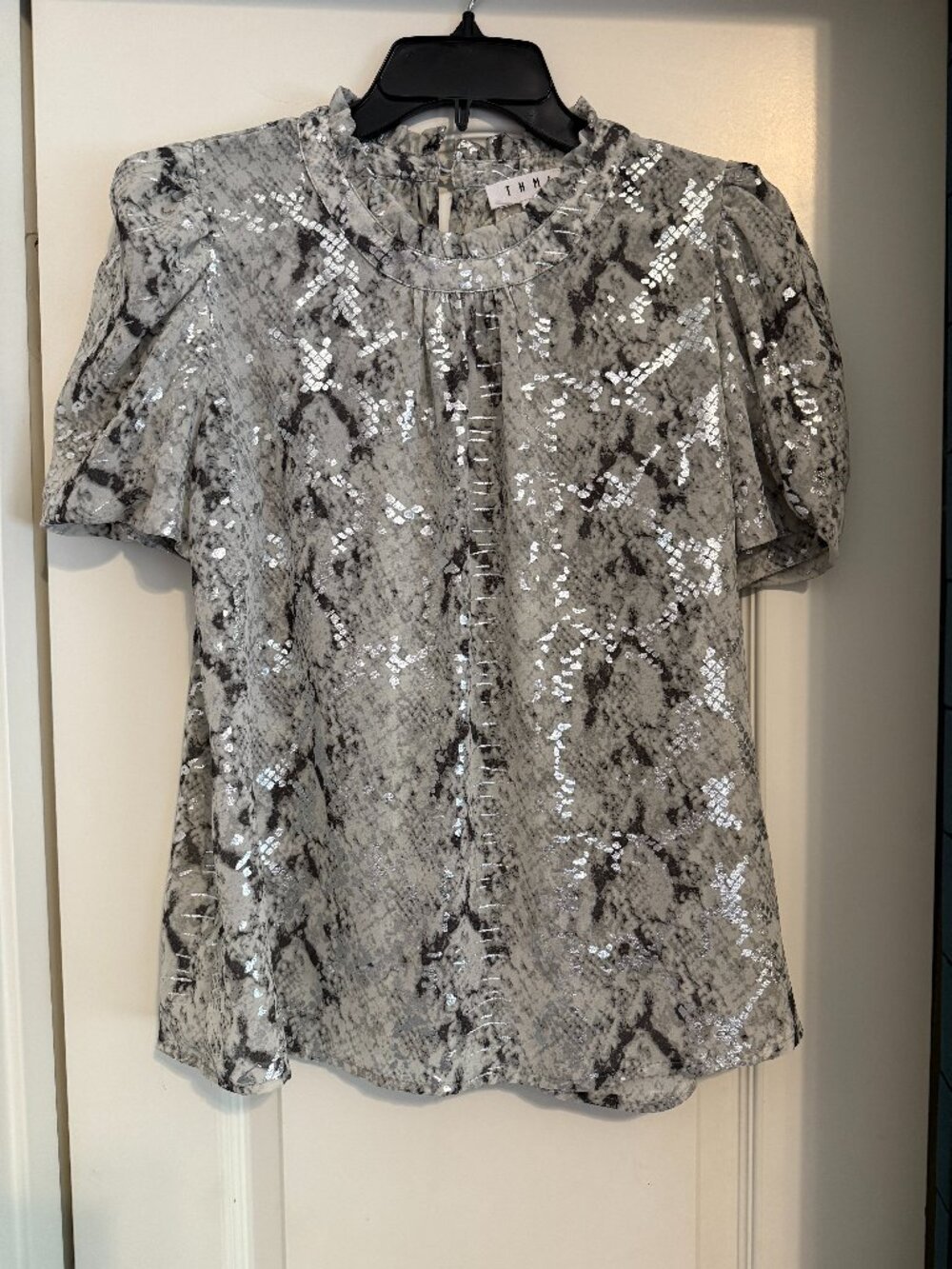 THML sheer puff-sleeve dressy snakeskin print with metallic shine